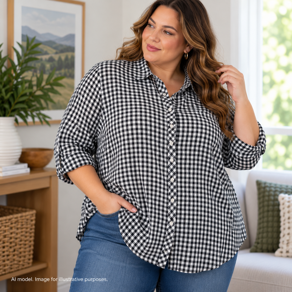 Talbots Shirt Women 2X Dark Blue White Gingham Check All Cotton Prairie Country